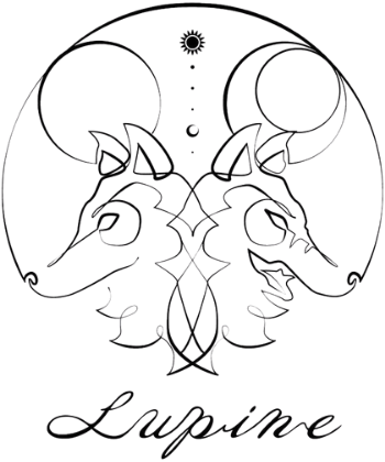 Cafe Lupine のロゴ。向かい合う 2 頭の狼と太陽・月を一筆書きで描いた線画と、筆記体の Lupine
