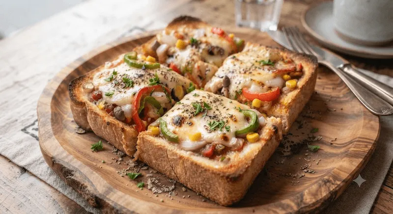 チーズと野菜をのせて焼いたピザトースト